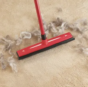 Pet Hair Removal Broom Cleaning Tools -18" Adjustable Long Handle for Carpets & Hardwood Floors Dual-Purpose Rubber-Bristle Head & TPE Scraper Red  Remover Brush