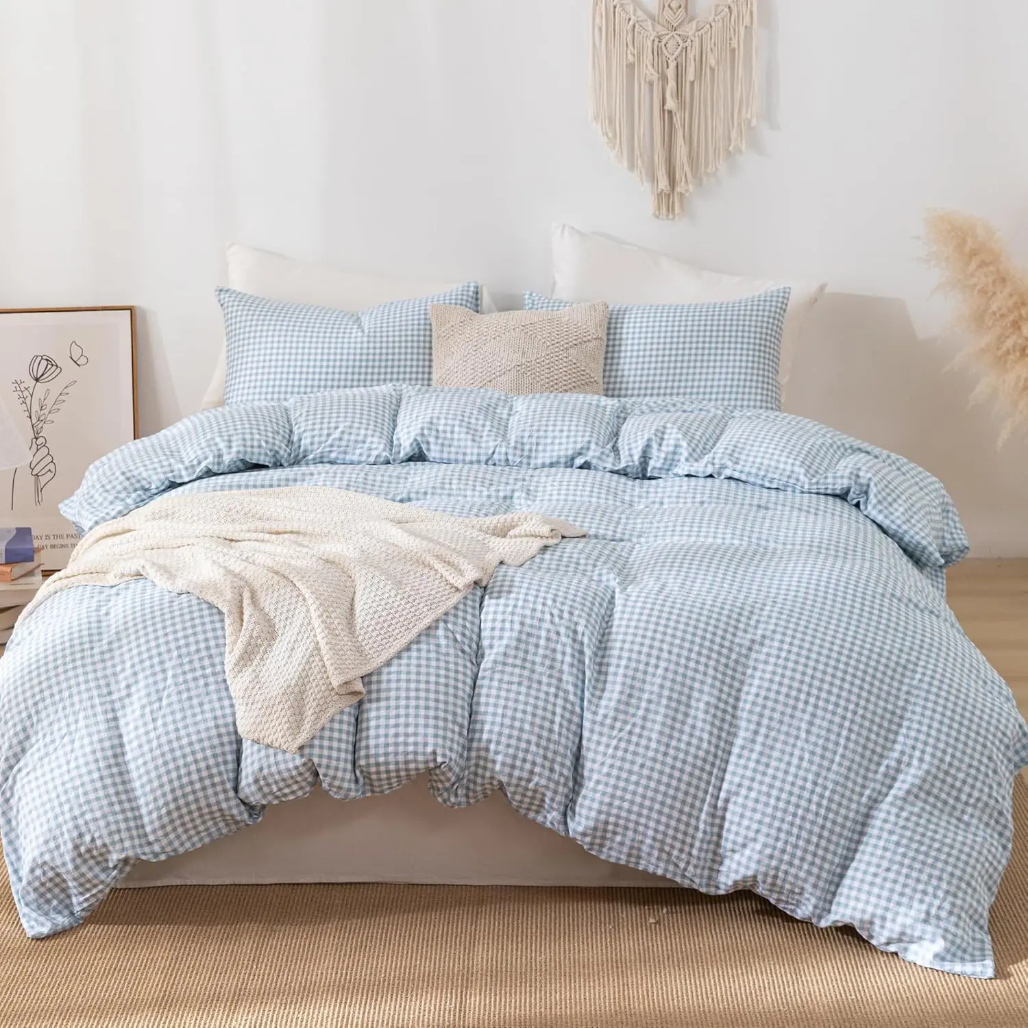 Pale Blue Gingham Duvet Cover Bedding Set Prewashed Extra Soft Comfy Breathable 3 count Plaid Checkered Grid Comforter Cover Set Cute Aesthetic ( 90"x90", No Comforter)