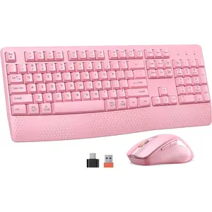 Z-CWA5 Wireless Keyboard and Mouse, Full-Sized Cordless Keyboard with Wrist Rest and 3 DPI Adjustable Mouse, 2.4G Wireless, Compatible with PC/Computer/Laptop/Windows/Mac, Pink