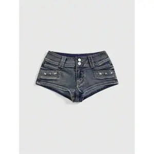 Ultra Low Waist Sexy Vintage Distressed Skull Studded Women's Denim Shorts Can be used with a raincoat