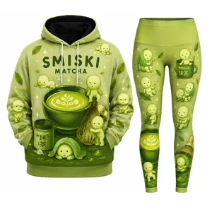 Smiski Funny Hoodie and Leggings Set for Women – Workout Outfit, Cute Graphic Gym Wear, Sleeveless Cut-Out Hoodie with Matching Pants