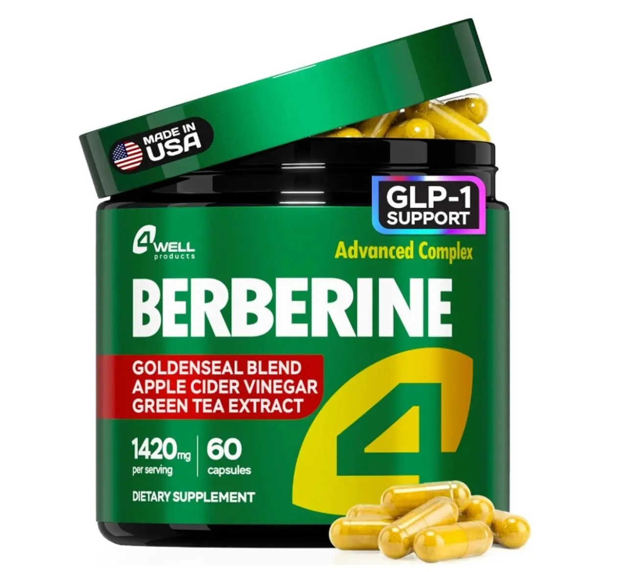 Berberine HCL Supplement - Triple Strength GLP-1 Activator with Apple Cider Vinegar & Green Tea Extract - Body Composition Support, Digestive Health, Support Heart Health, Immune System (60 Capsules)