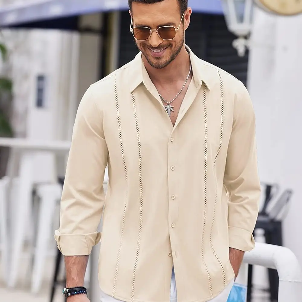 coofandy Men's Cuba Guayabera Exquisite Hollow Embroidered Button Front Shirt, Long sleeved Summer Beach Shirt Casual Regular Fit Long sleeved Collar