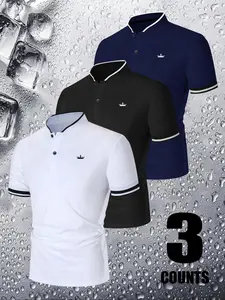 Men's Regular Fit Striped & Letter Print Polo Shirt, Golf Polo Shirts, Golf Shirt, Golfing Shirt, Golf Tournament Shirt, Casual Short Sleeve Collared Top for Summer, Fashion Men's Clothes for Daily Wear, Tropical