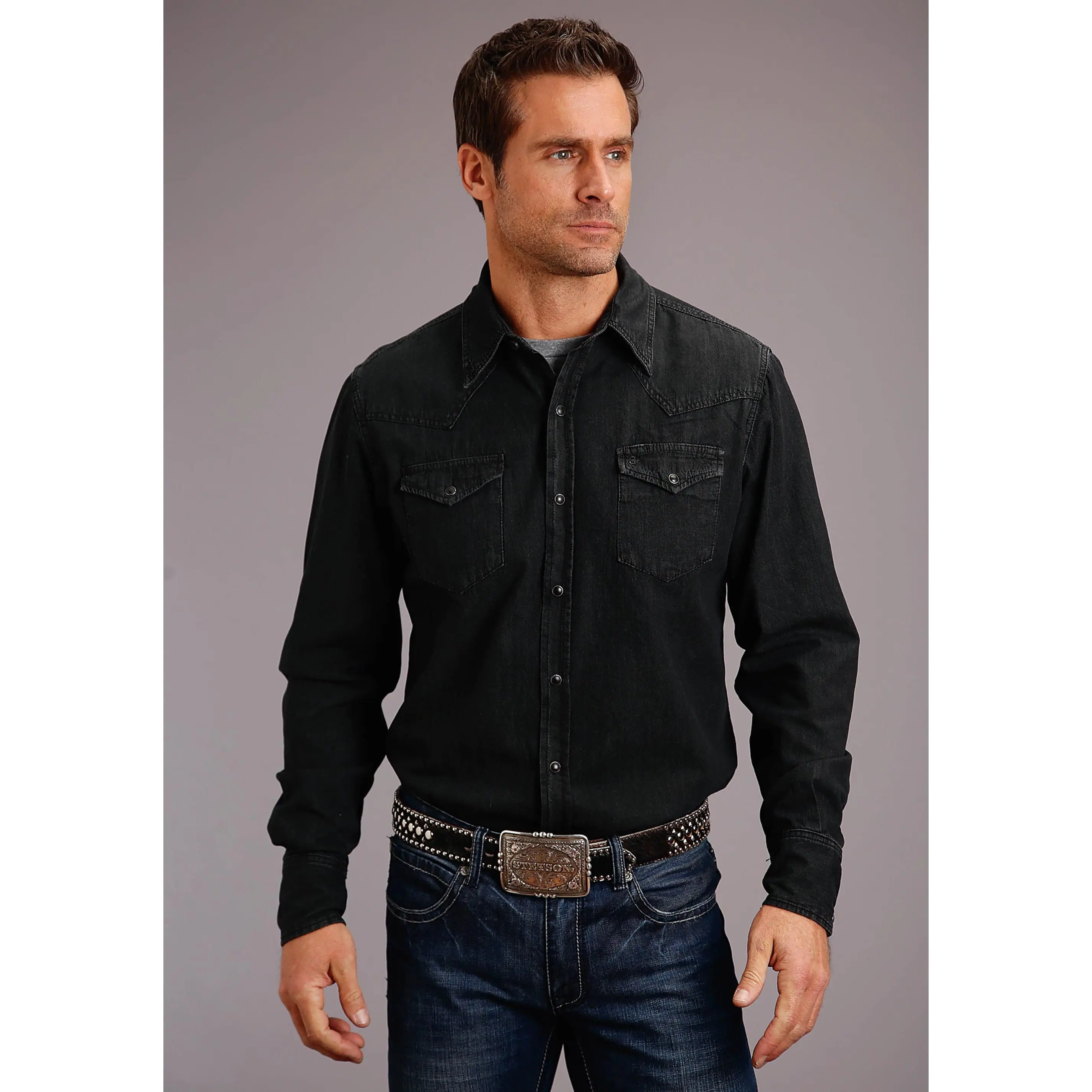 Men's Stetson Black Solid Western Long Sleeve Shirt