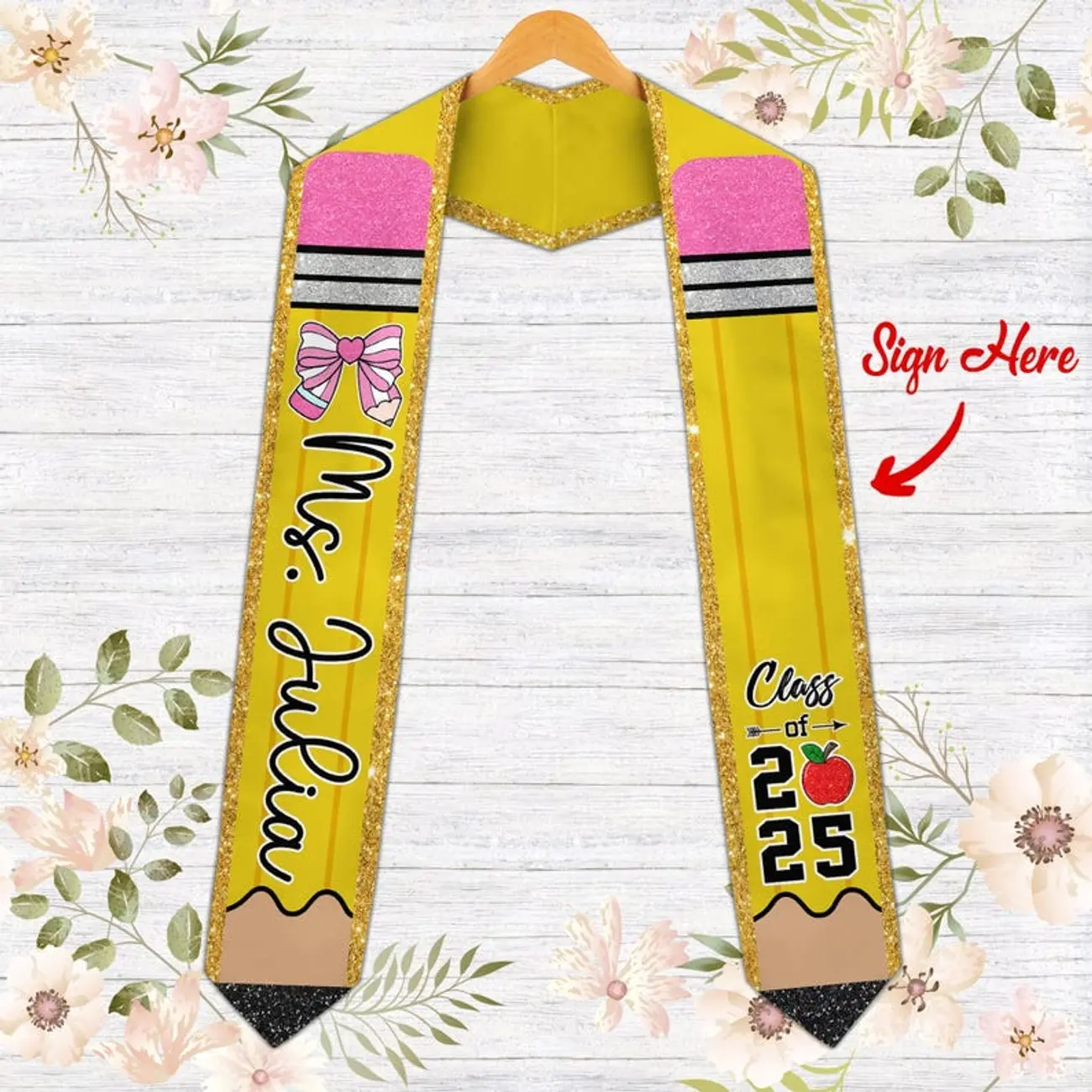 Custom Graduation Stole, Personalized Teacher Pencil Graduation 2025 Stole, Coquette Pencil Graduation Sash, Future Teacher Graduation Gift USTL2