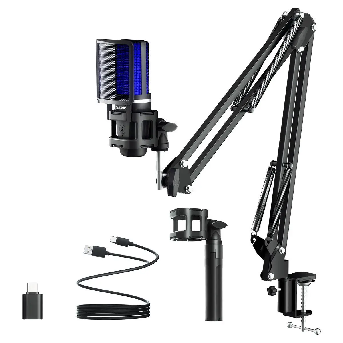 ZealSound USB Mic with Type-C Adapter, USB Microphone with RGB Light & Tripod & Hanging Arm Stand, Microphone Compatible with Computer & Type-C Device