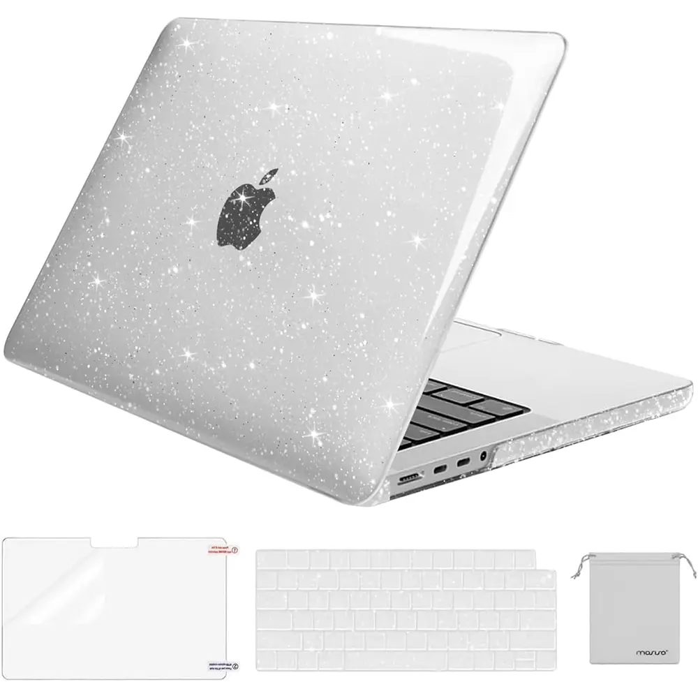 MOSISO Compatible with MacBook Pro 14-Inch Case M5 2026 M4 M3 M2 M1 2025-2021 A3427 A3426 A3434 A3112 A3185 A3401 A2918 A2992 A2779 A2442, 4 in 1 Kit Sparkly Glitter Hard Shell, Transparent, Sparkle, Screen Protector, School, Office