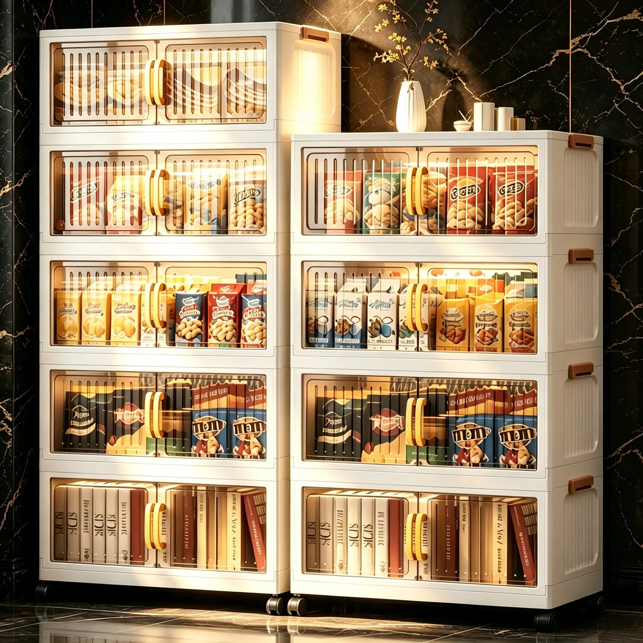 GoldSnakeLarge Capacity Folding Storage Cabinet, Tool-Free Assembly Modular Organizer, Magnetic Double Doors, Rolling Multi-Layer Gap Storage Unit, Space-Saving Freestanding Cabinet For Entryway, Living Room, Office, Kitchen