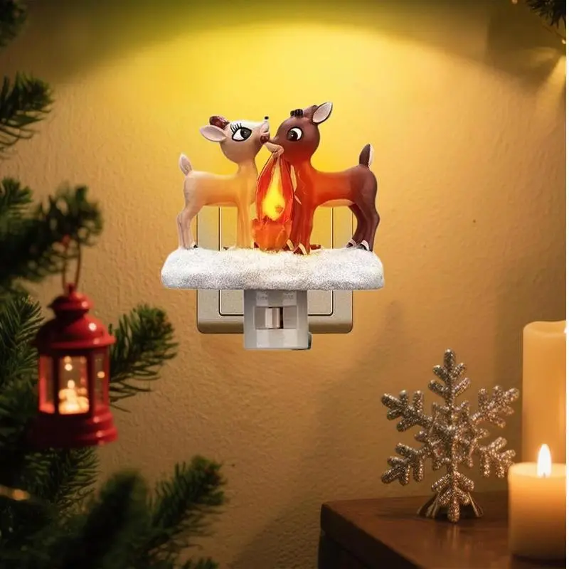 The Red Nosed Reindeer Night Light with Flickering Flame Christmas Reindeer Campfire Night Light LED Artificial Fire Lamp Resin Craft Christmas Decoration -in for Festive Ambiance Unique Christmas Design Portable &fun decorative lights