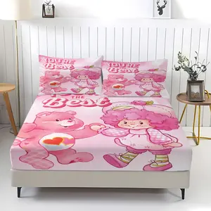 Strawberry Shortcake Themed Non Fading Fitted Sheet,Blueberry and Orange Doll Pattern Print,Including 1 Bed Sheet and 2 Pillowcases,Anti Slip Dust Cover Suitable for Bedroom Bedding Set,Suitable for Personal Use or as a Gift for Others