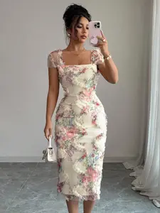 French Floral Square Neck Mesh Dress, Elegant Slim-Fit Design, Waist-Cinch Silhouette, Perfect for Dates and Afternoon Tea