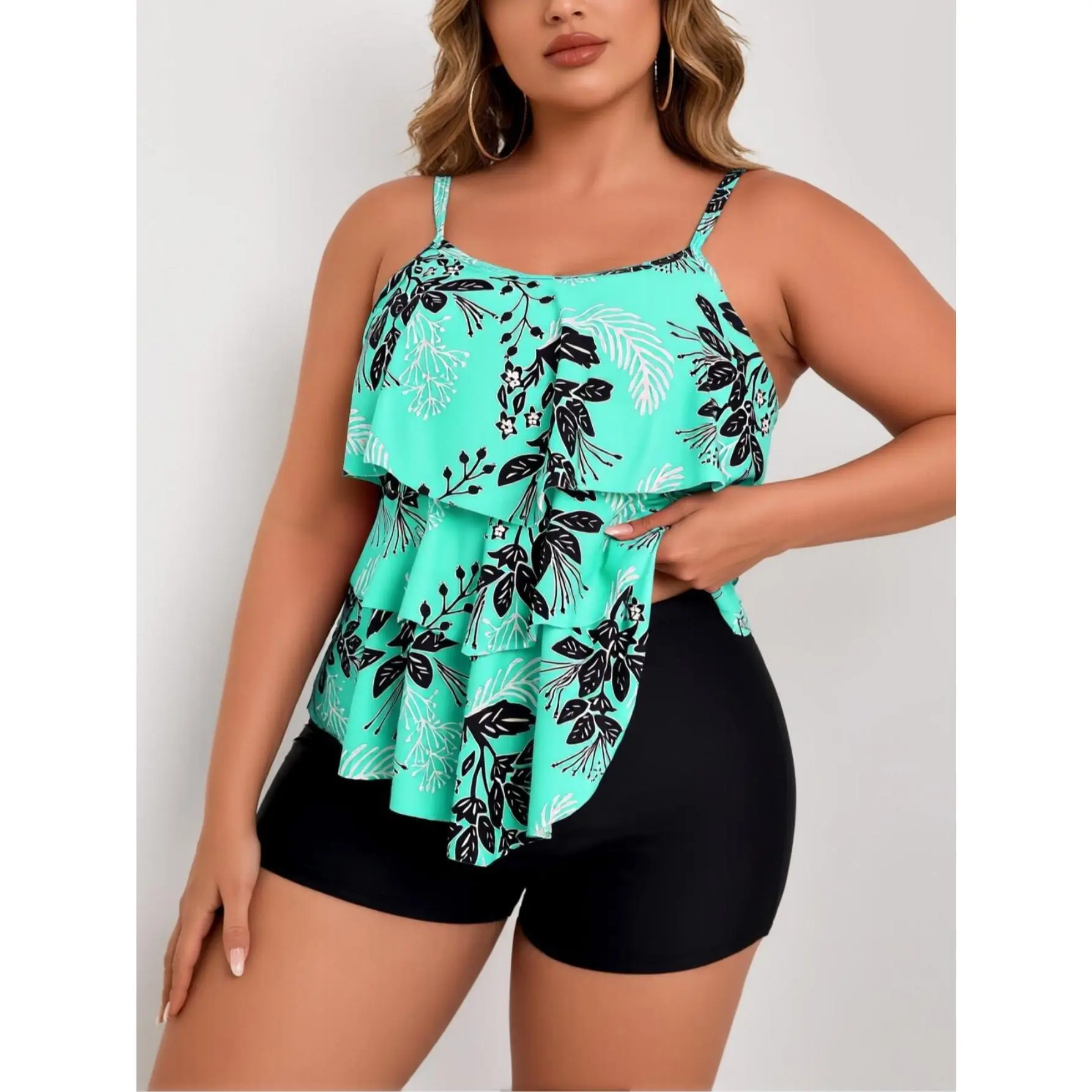 Plus Size Women's Modest Tankini Swimsuit, 2-Piece Tropical Print Set with Tiered Ruffle Top and High Waist Boyshorts, Swimsuit For Women, Bathing Suit Women