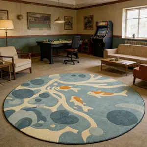 New Oriental Lotus Pond Koi Round Carpet, Low Saturation Blue Plush Living Room Coffee Table Rug, Bedroom Study Casual Mat, Soft Fluffy Rug
