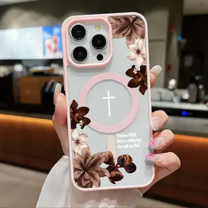 Vintage Floral Aesthetics Clear Magnetic Phone Case , Compatible with MagSafe Silicone Bumper Protective Cover For iPhone X XS 11 12 13 14 15 16 17 Pro Max Plus Air Christian Psalms 46:5 Cross