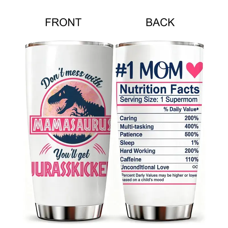 Mamasaurus 20oz Insulated Stainless Steel Travel Tumbler - Wide Mouth, Reusable, with Lid, Cover & Straw, Pink Sunglasses T-Rex Print, Funny Nutrition Facts Quotes, Mother's Day Birthday Gift for Women