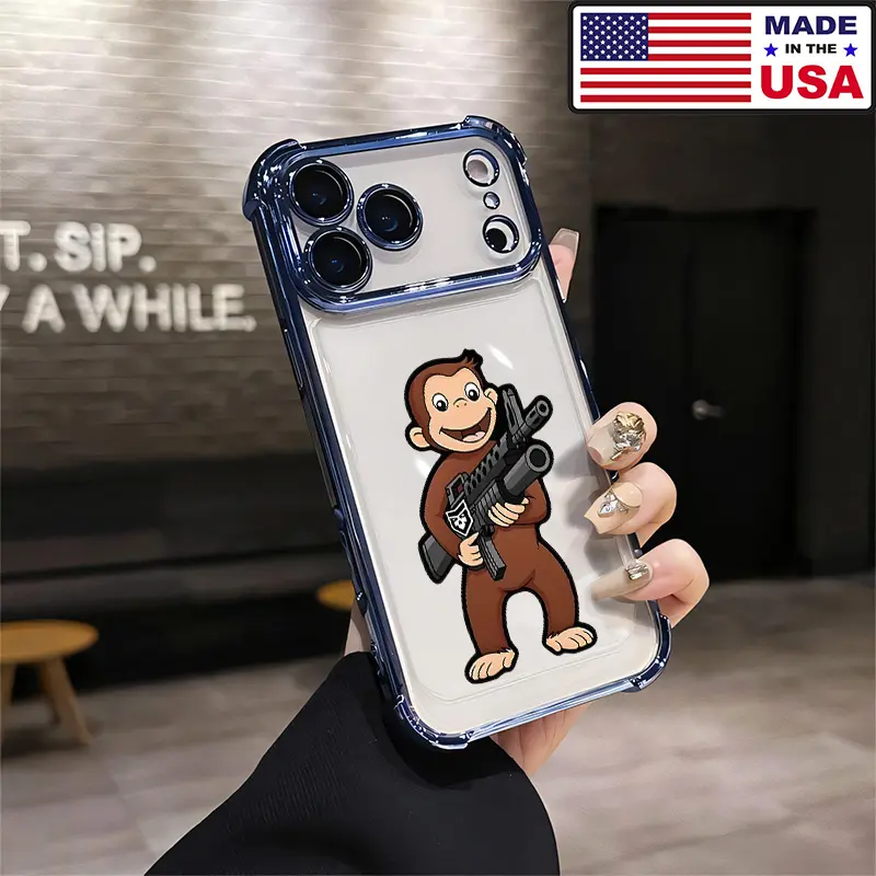 Customized Curious George Tactical Gun Meme Aesthetic Phone Case - Soft Silicone TPU, Anti-Drop Shockproof Drop-Tested Protection, Cute Accessory for iPhone 17/16/15/14/13/12 Plus Pro Max Ultra & Samsung 22/23/24/25 Plus Pro Max Ultra