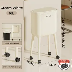 UFORU 16L Rolling Trash Can Includes 60 Trash Bags No-Bend High-Leg Design Pressure-Sealed Odor-Proof Lid Lockable Wheels Space-Saving Slim Profile Durable ABS & PP Construction Three Color Options for Kitchen & Living Room