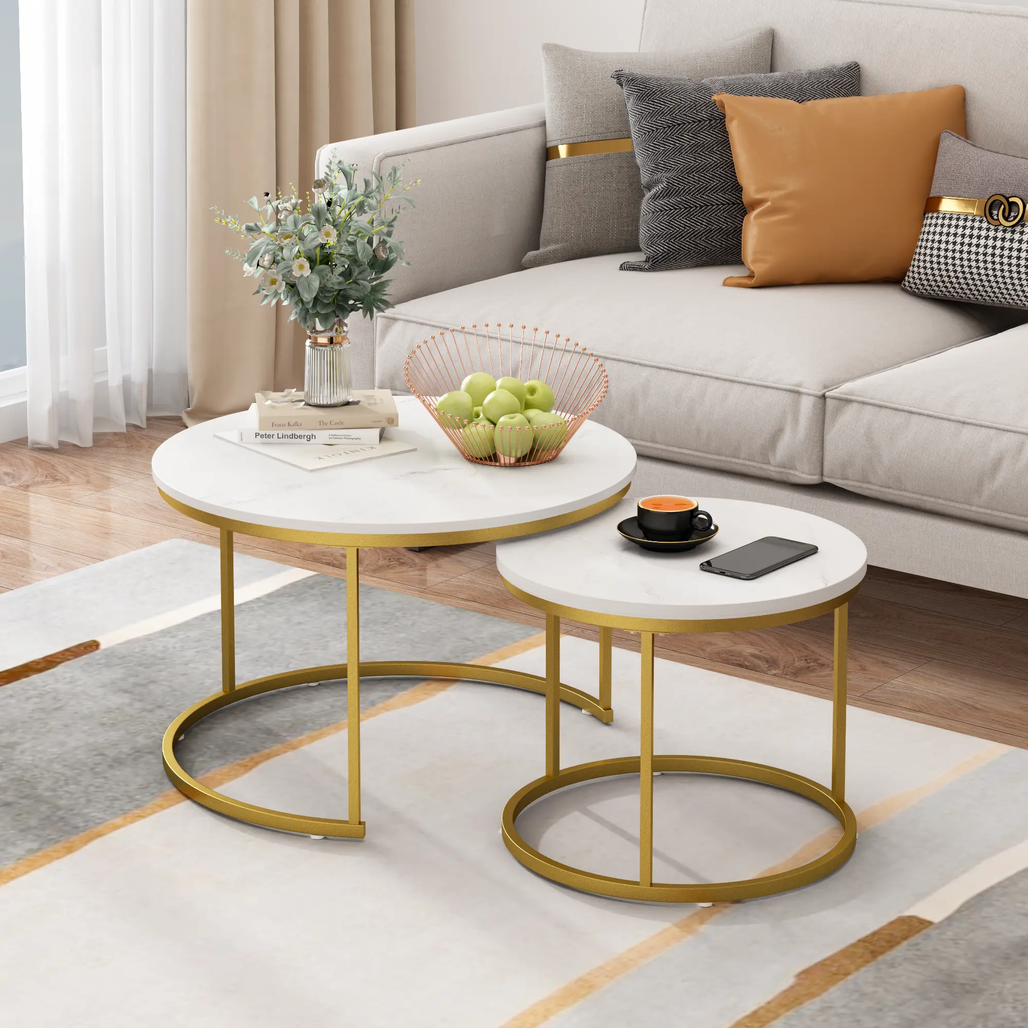 2-Pack Nesting Coffee Tables, 27.6" Round Coffee Table Set with Industrial Wood Finish, Heavy-Duty Metal Frame, End Tables for Living Room, Bedroom, Balcony & Patio