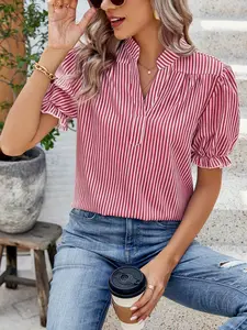Casual Sporty Striped Stand-Collar Puff Sleeve Commute Blouse Light Sporty Y2K Striped V-Neck Ruffle Sleeve Blouse Effortless Sporty Striped Puff Sleeve Daily Blouse Women Shirt Top Everyday Womenswear