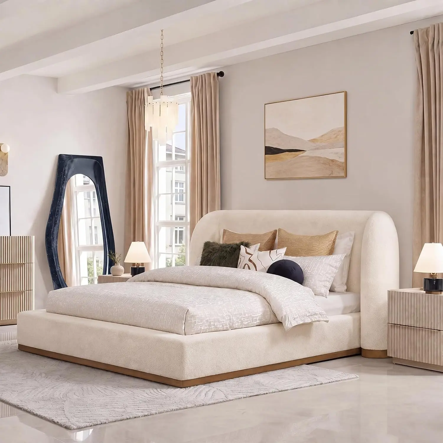 Yechen Upholstered Cloud Bed Frame with Sculpted Wingback Headboard (Queen, king)