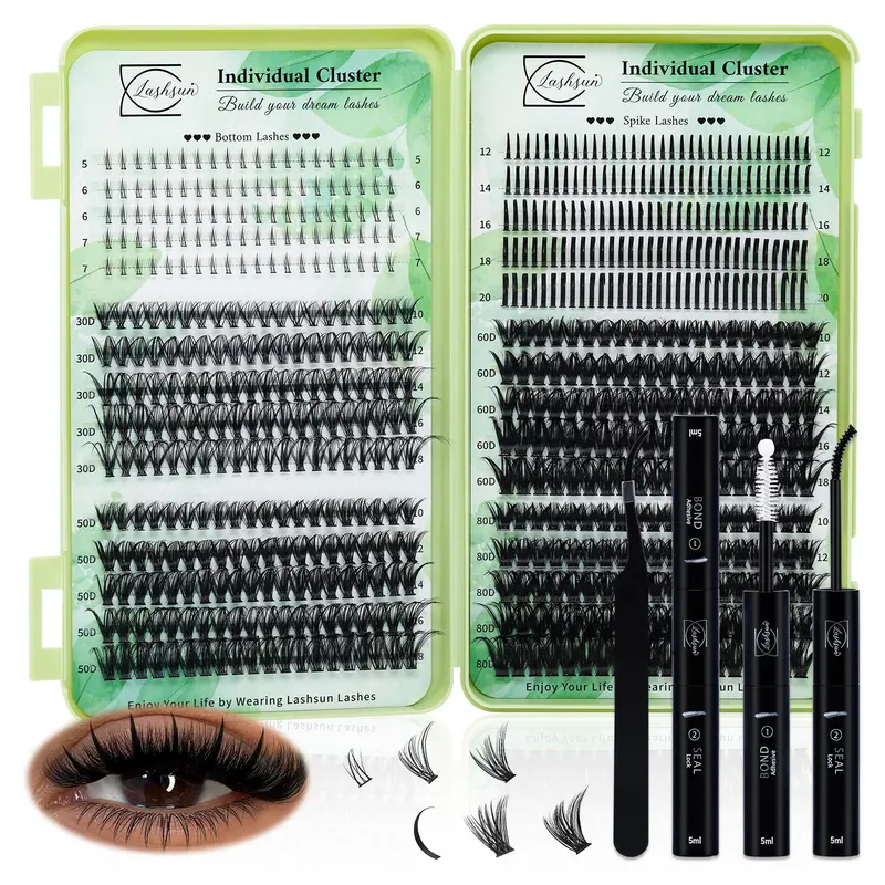 Lashsun 650PCS Individual Lashes Book Kit D Curl 6 Styles Bottom Spike 30D 50D 60D 80D Soft Comfortable Long Lasting with Bond Seal Applicator for Beginner Proficient DIY at Home Daily Makeup