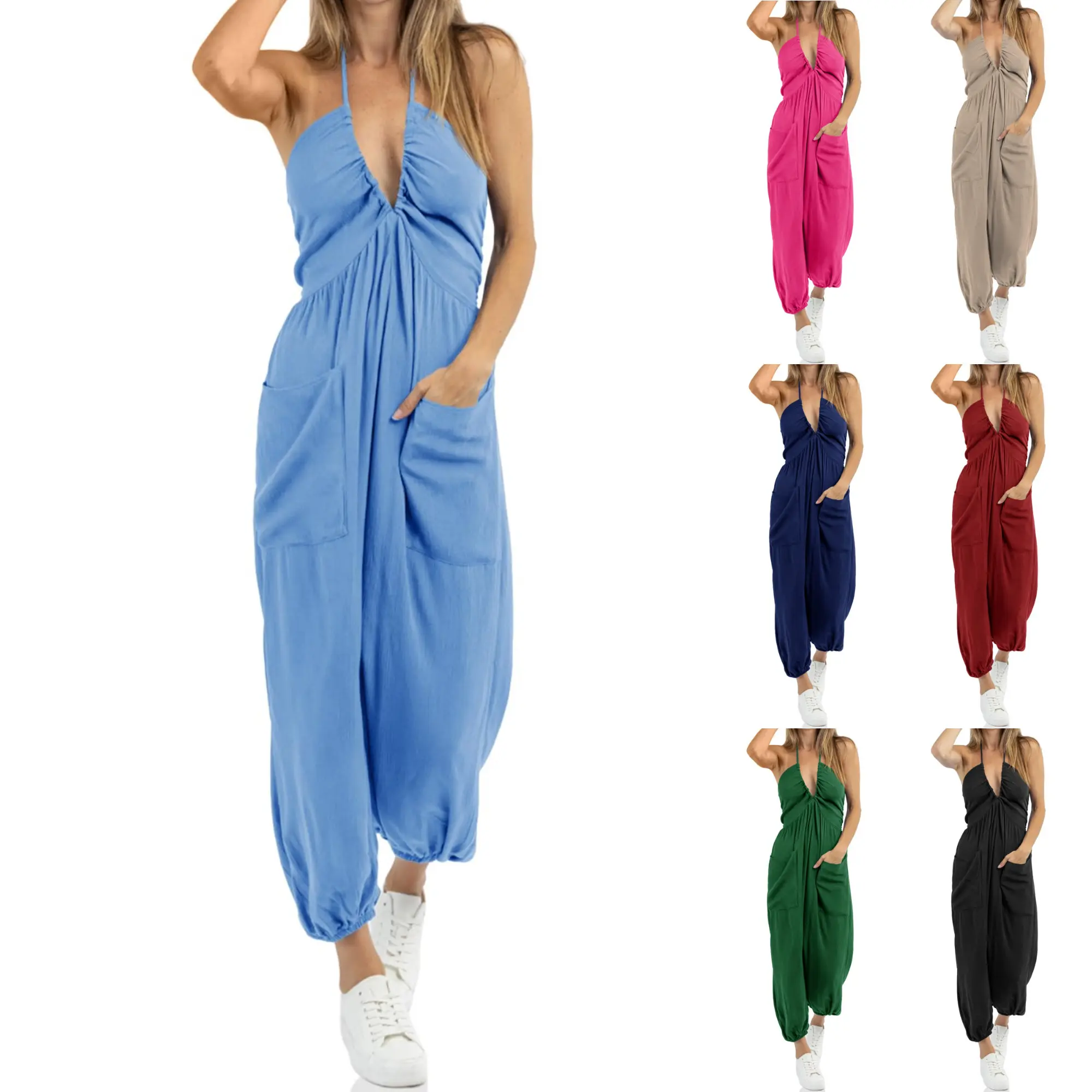 FMEYOA Women's Sexy Halter Jumpsuits Casual Deep V Nevk Beach Jogger Long Pants Rompers