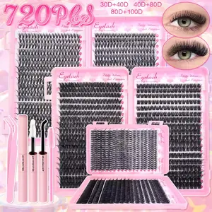 Lash Clusters Kit 720Pcs 10-18mm D Curl Lashes Clusters with Bond Seal Remover Tweezers Double-Ended Brush for DIY at Home 40+60+80+100D-KIT
