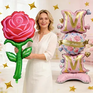 1 Set of 2pcs MOM Aluminum Foil Balloons with Handheld Rose, Large Size Stands, Ideal for Mother's Day, Retirement Party, Birthday Party! Perfect for Party, Wine Reception, and Banquet Venue Decorations