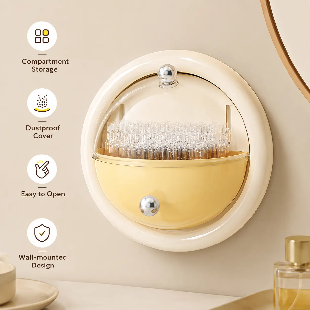 1 Count, Wall Mounted Cosmetic Storage Box, Traceless No-Drill Rotatable Clear Flip Dust-Proof Organizer for Storing Single Use Cosmetics in Bathroom