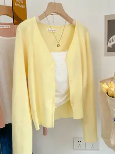 Milk yellow knit cardigan feminine spring new slim Joker thin simple sweater sweater coat woman