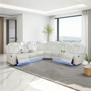 3-Piece Modern White Breathable Leather Adjustable Back Sofa Set with Curved Corner Diamond-Stitched Leisure Chair, LED Ambient Lighting, Central Storage Tray, Armrest USB Ports for Minimalist Luxury Living Rooms