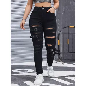 Women's Slim-Fit Distressed Jeans - Black Ripped Denim with Buckle Details, Stretch Blend, Sexy High-Waisted Design for Casual or Trendy Outfits