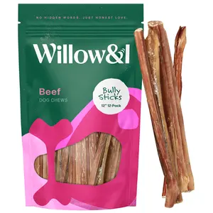 12-Inch Grass-Fed Bully Sticks for Dogs (12-Pack) - Single-Ingredient, Low Odor & Fully Digestible - Long-Lasting Natural Dog Chew - No Artificial Preservatives - Rawhide-Free - Lab-Tested - High Protein - For Medium & Large Dogs & Aggressive Chewers