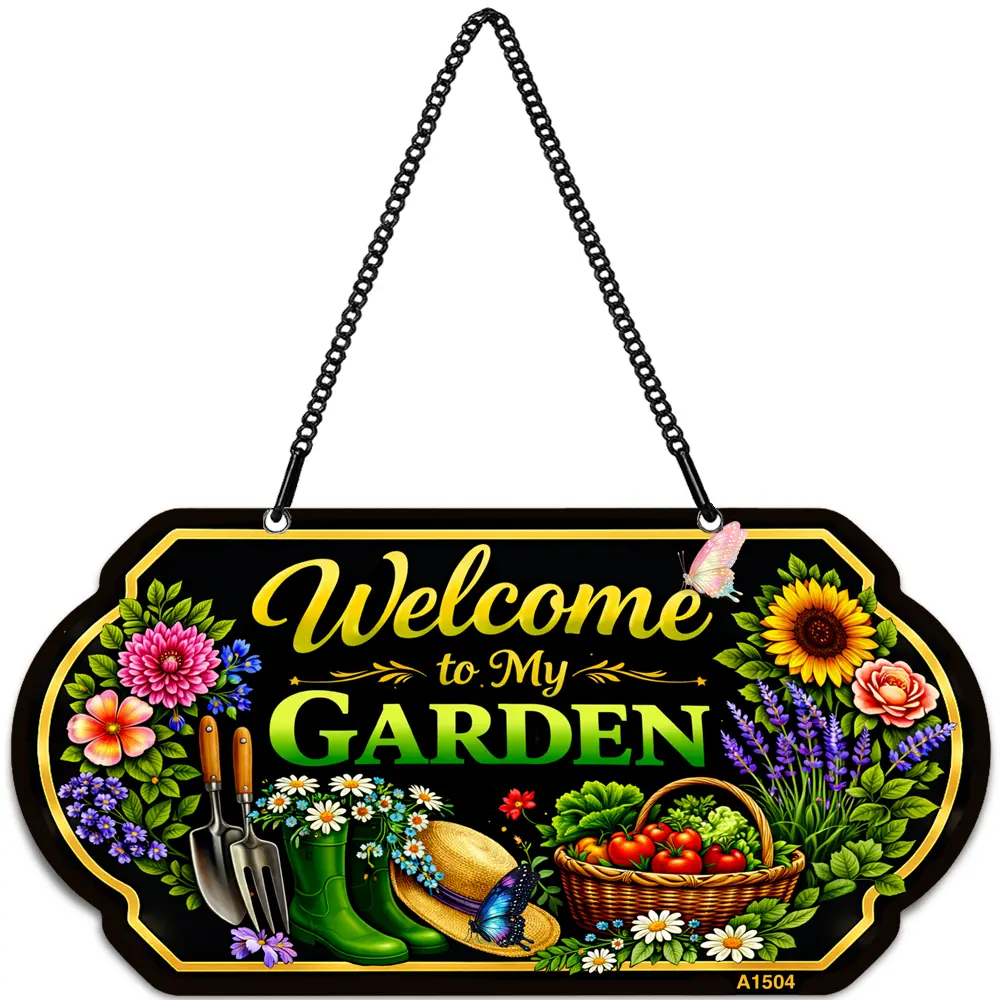 Aluminum Rectangular Welcome to My Garden Sign, 10x5 in Hanging Decorative Plaque with Chain, UV-Printed Weatherproof Floral Garden Decor, Ideal for Porch, Patio, Gift for Home Improvement Enthusiasts