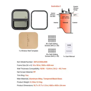 VEVOR Vertical RV Window, 14 Wx 16 H Tinted Sliding RV Window with Net Screen Trim Ring, Fit 15/16 - 1 3/4 Thickness Wall, RV Window Replacement for Teardrop Cargo Trailer Camper, DOT Approved