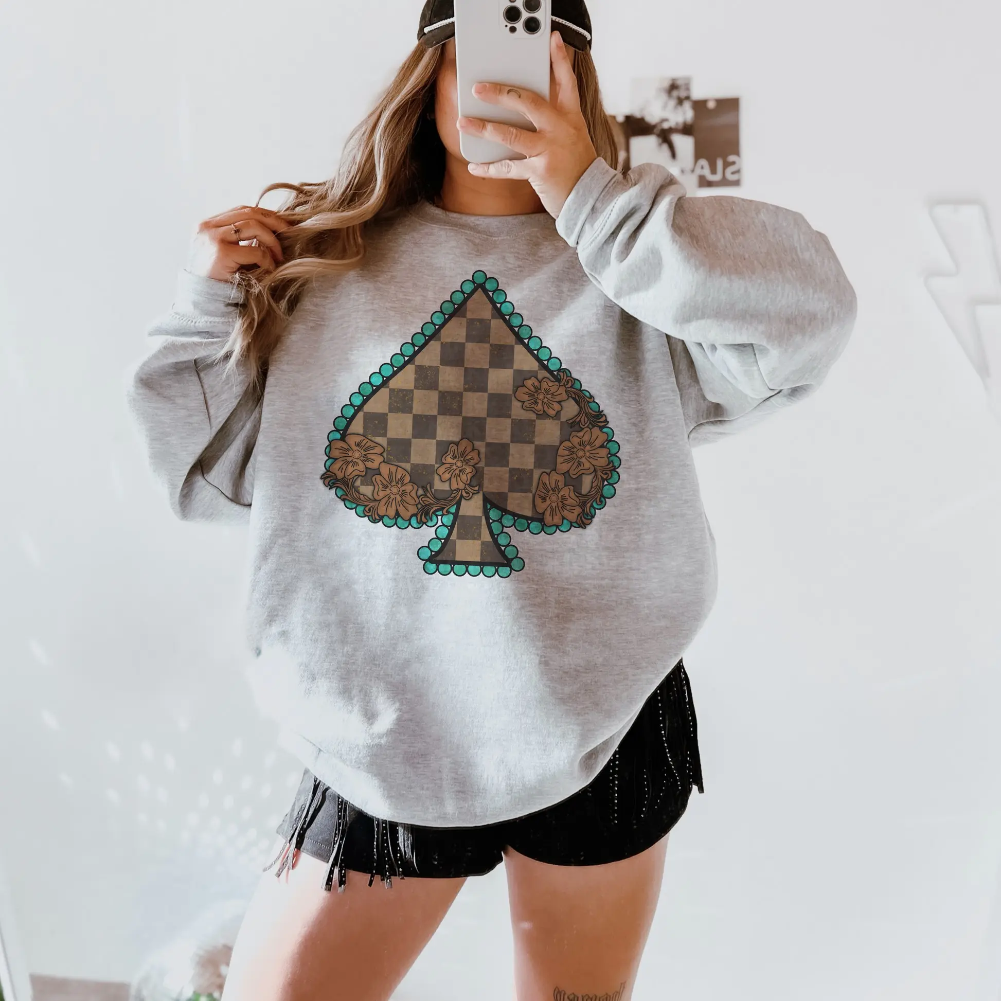 Tooled Leather Checkered Spade Sweatshirt, Turquoise Wild West Rodeo Tee, Cowboy Cowgirl Merch, Western Southern Trendy, Country Shirt