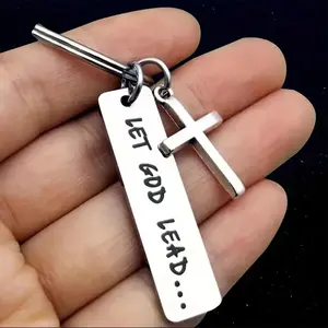 Cross Keychain, Keychain with "Let God Guide" inscription, for decorating bags and car keys