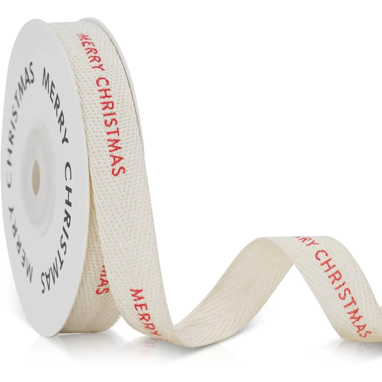 Merry Christmas Ribbon - 5/8" Cotton Christmas Ribbon Natural Twill Tape Cotton with Red Merry Christmas Herringbone Holiday Ribbon for Crafts Gift Wrapping 10 Yards Thin Xmas Ribbons