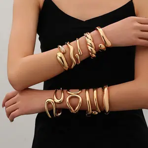 Chunky Irregular Gold Cuff Bracelet Collection for Women, 18K Gold Plated Twisted/Wavy/Smooth/Geometric Adjustable Open Bangle, Hypoallergenic Tarnish Resistant Minimalist Old Money Daily Office Evening Fashion Jewelry