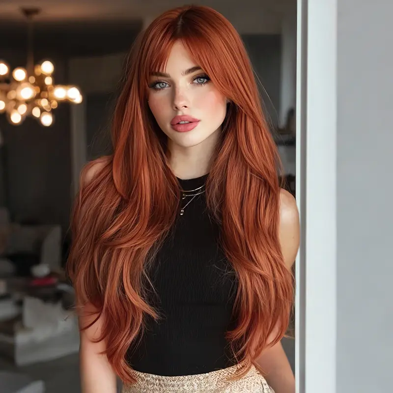 Smilco 26Inch Long Copper Auburn Synthetic Wig with Curtain Bangs, Layered Straight Red Brown Wig for Women, Natural Daily Party Cosplay Hair SM7015