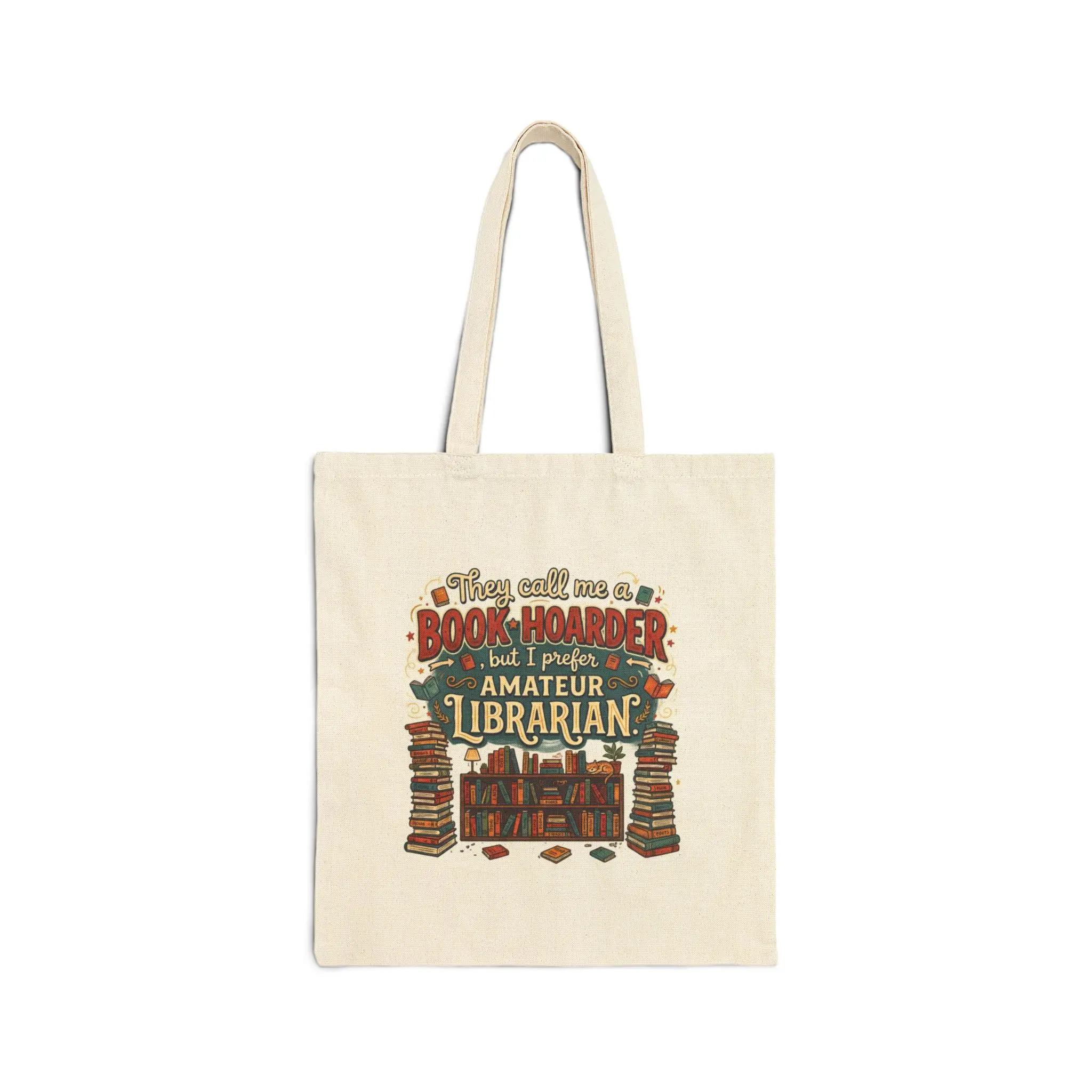 Women's Bookish Style Tote Bag - 12 oz Cotton Canvas Book Hoarder Retro Design, Durable for Casual Use, Double Handle, Structured Interior, Flat Corners, Reinforced Stitching, Used Bookstore Print, Natural, Lightweight, Cold Wash Compatible