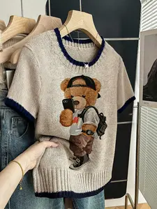 Trendy Bear Colorblock Round Neck Sweater, Casual Fashion Jumper Short Sleeve Knitwear for Spring & Fall, Comfortable Warm Women's Clothing