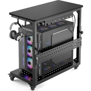 GreenForest Heavy Duty Computer Tower Stand with Wheels, Rolling PC Cart for Gaming, 5-Height Adjustable Full Tower PC Stand with Cable Management, Industrial Casters Home Office, Carbon Fiber Black