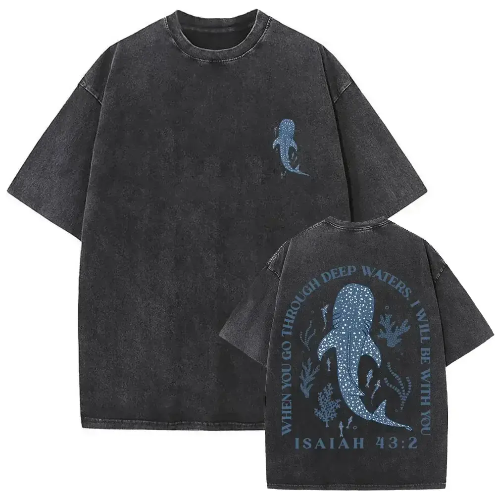 valentine shirts Leisure When you go through deep water I will be with you Whale Shark Washed T-shirt Fashion Men's and Women's Short Sleeve Summer Black Streetwear Tshirt