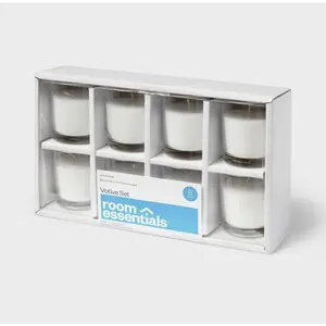 Room Essentials™ 2.3" 8pk Unscented Votive Candle Set White Paraffin Wax Glass Holder 15hr Burn Time Non-Cored Wick Construction
