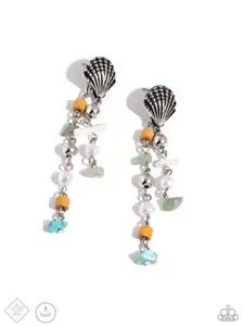 Coastline Collection - Multi Turquoise, Jade, Silver Beads, Wooden Beads, and Chiseled White Shells Hang From Silver Shell Post Earrings