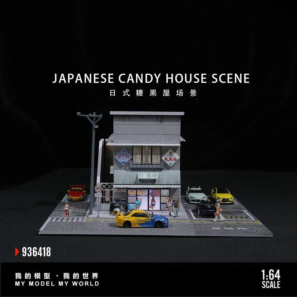 Diorama 1/64 Scale Japanese Style Candy House Scene Model LED Lighting Car Parking Lot Model Die-cast Car Garage Model City Building Model Diorama Art Mini Car Collection Gift