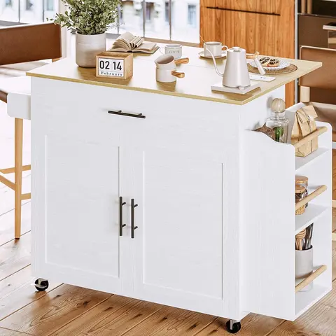 IRONCK Durable Modern Rolling Kitchen Island Cart with Drop Leaf, Wheels, 3 Open Spice Shelves, Adjustable Cabinet, Drawer, Basic MDF Wood Farmhouse Cupboard (127kg Load), Easy to Move, Assembly Required for Dining Room, Hallway Food Storage