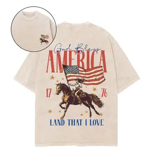 God Bless America T-Shirt | Patriotic Cowgirl Western Graphic Tee | Vintage Olive 1776 American Flag Oversized Heavyweight Shirt for Women Men